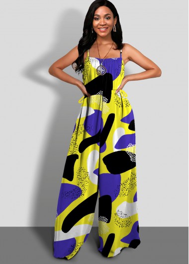 Yellow jumpsuits & rompers,Geometric jumpsuits & rompers,ROTITA Geometric Print Spaghetti Strap Contrast Jumpsuit