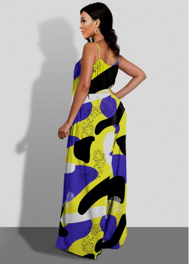 Yellow jumpsuits & rompers,Geometric jumpsuits & rompers,ROTITA Geometric Print Spaghetti Strap Contrast Jumpsuit