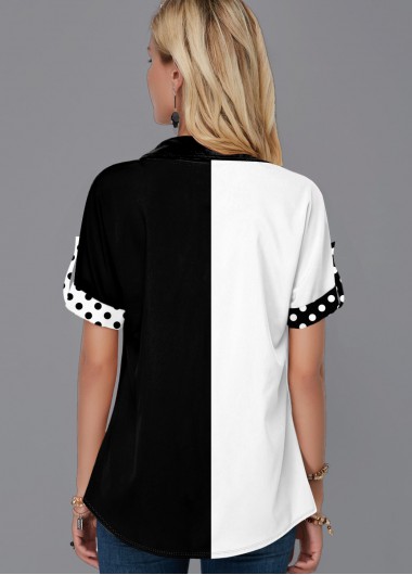 Multi Color tops,Dot tops,ROTITA Chest Pocket Polka Dot Color Block Blouse