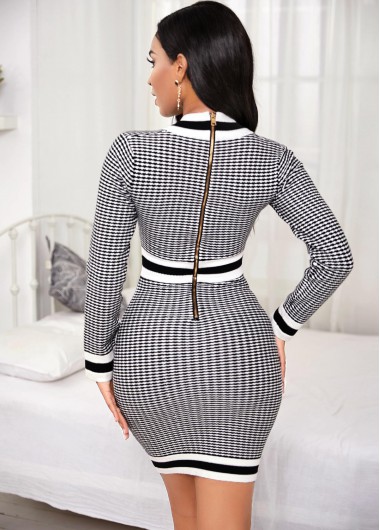 Black dresses,Geometric dresses,ROTITA Contrast Plunging Neck Houndstooth Print Sweater Dress