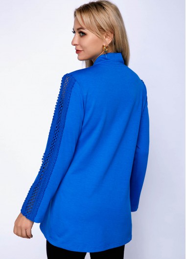 Royal Blue tops,Plain Color tops,ROTITA Long Sleeve Faux Two Piece Lace Panel T Shirt