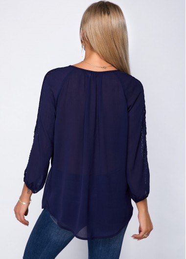 Navy tops,Plain Color tops,ROTITA V Neck Three Quarter Sleeve Lace Panel Blouse