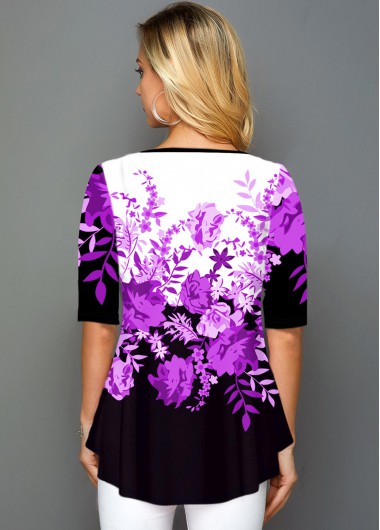 Purple tops,Floral tops,ROTITA Round Neck Floral Print Button Detail T Shirt