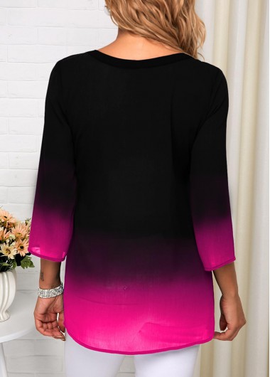 Hot Pink tops,Floral tops,ROTITA Ombre Three Quarter Sleeve Tribal Print Blouse