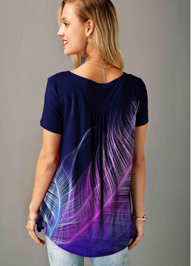 Purple tops,Floral tops,ROTITA Feather Print Short Sleeve Split Neck T Shirt