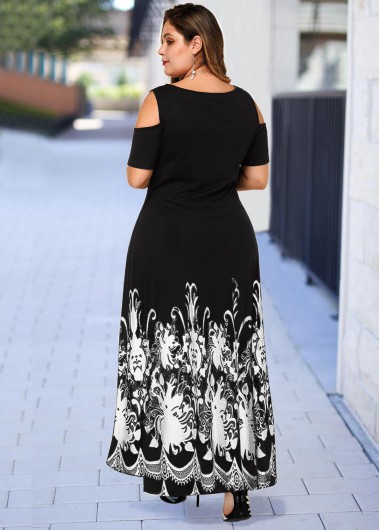 Black plus size,Ditsy Floral plus size,ROTITA Plus Size Cold Shoulder Floral Print High Low Dress