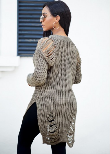 Sage Green tops,Plain Color tops,ROTITA Long Sleeve Round Neck Draped Fringe Sweater