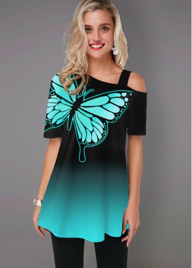 Cyan tops,Animal Print tops,ROTITA Cold Shoulder Butterfly Print Ombre T Shirt