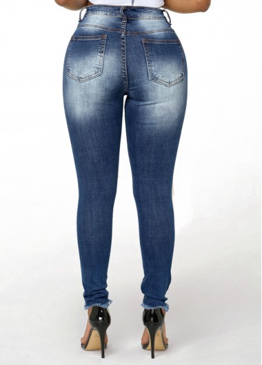 Denim Blue bottoms,Plain Color bottoms,ROTITA Shredded Frayed Hem Acid Washed Jeans
