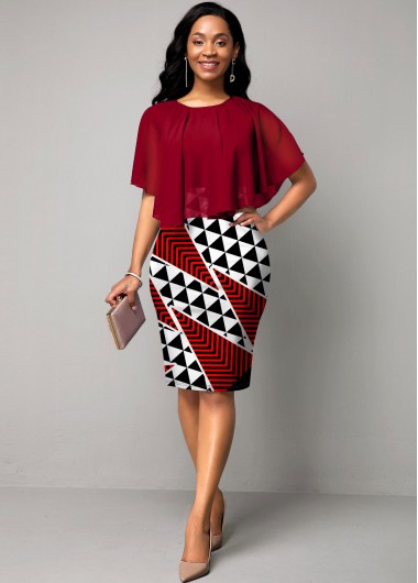 Wine Red dresses,Geometric dresses,ROTITA Chiffon Overlay Round Neck Geometric Print Dress