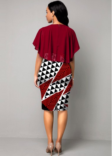 Wine Red dresses,Geometric dresses,ROTITA Chiffon Overlay Round Neck Geometric Print Dress