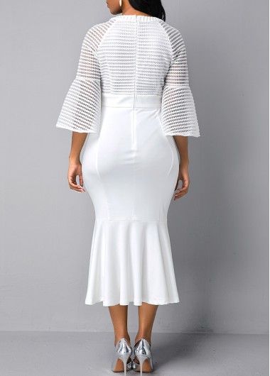 White dresses,Plain Color dresses,ROTITA Flare Sleeve Round Neck Mesh Panel Mermaid Dress