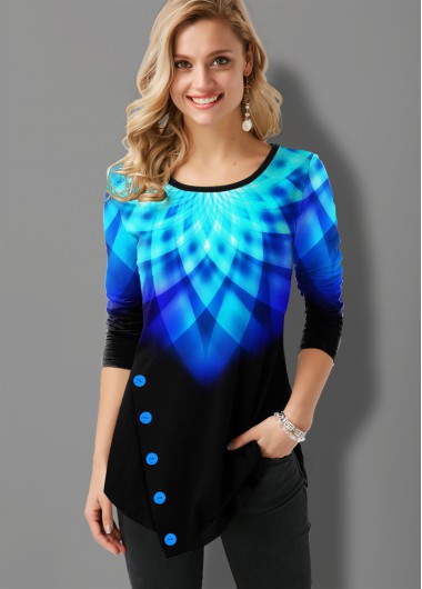 Blue tops,Floral tops,ROTITA Inclined Button Asymmetric Hem Printed Ombre T Shirt