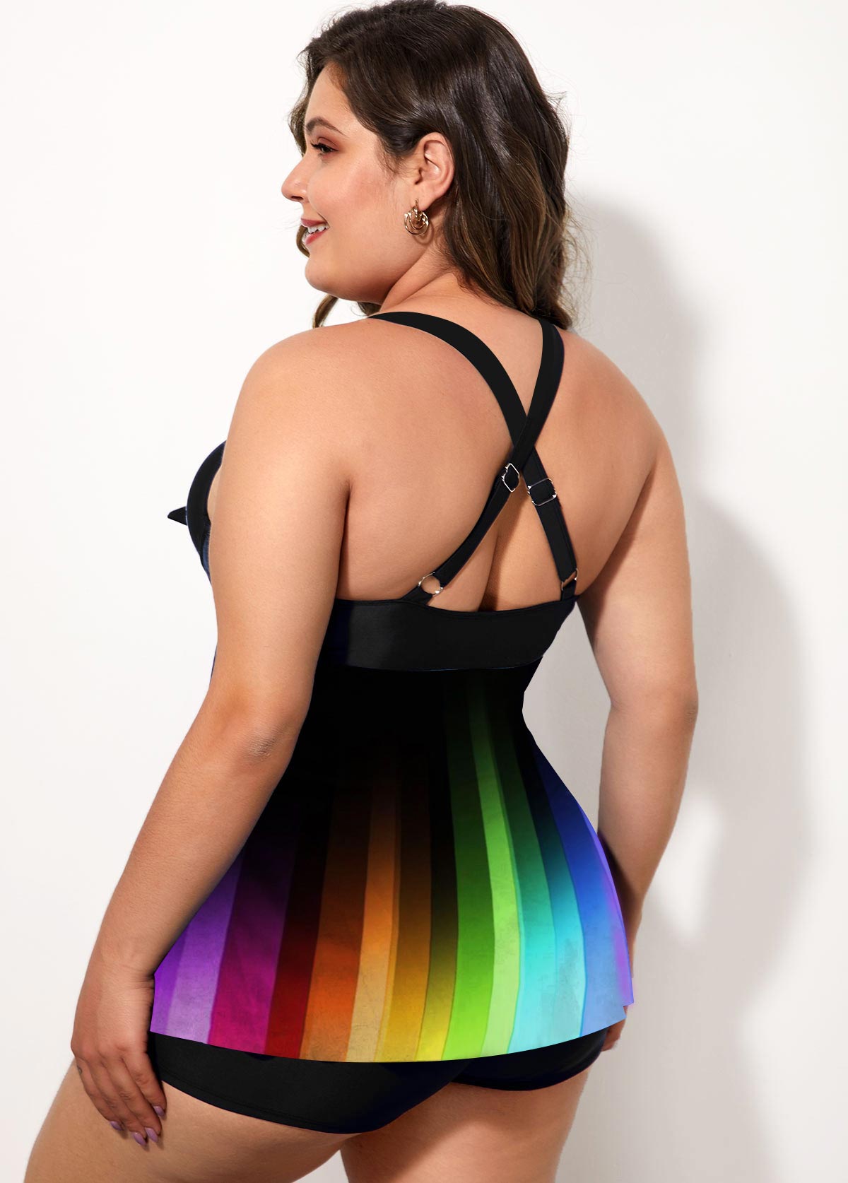 Multi Color plus size,Floral plus size,ROTITA Cross Strap Rainbow Color Plus Size Swimdress and Shorts