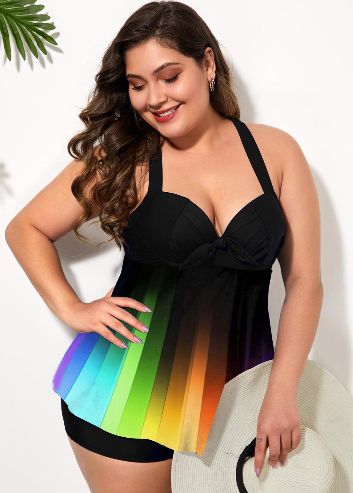 Multi Color plus size,Floral plus size,ROTITA Cross Strap Rainbow Color Plus Size Swimdress and Shorts