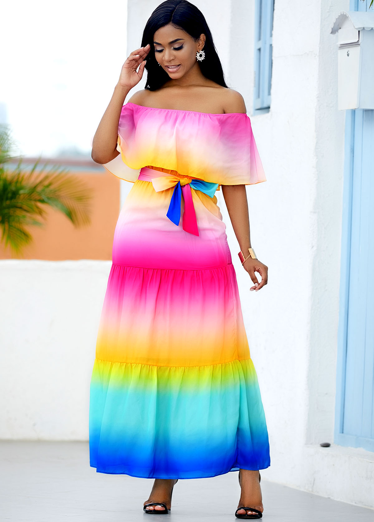 ROTITA Printed Rainbow Color Ruffle 