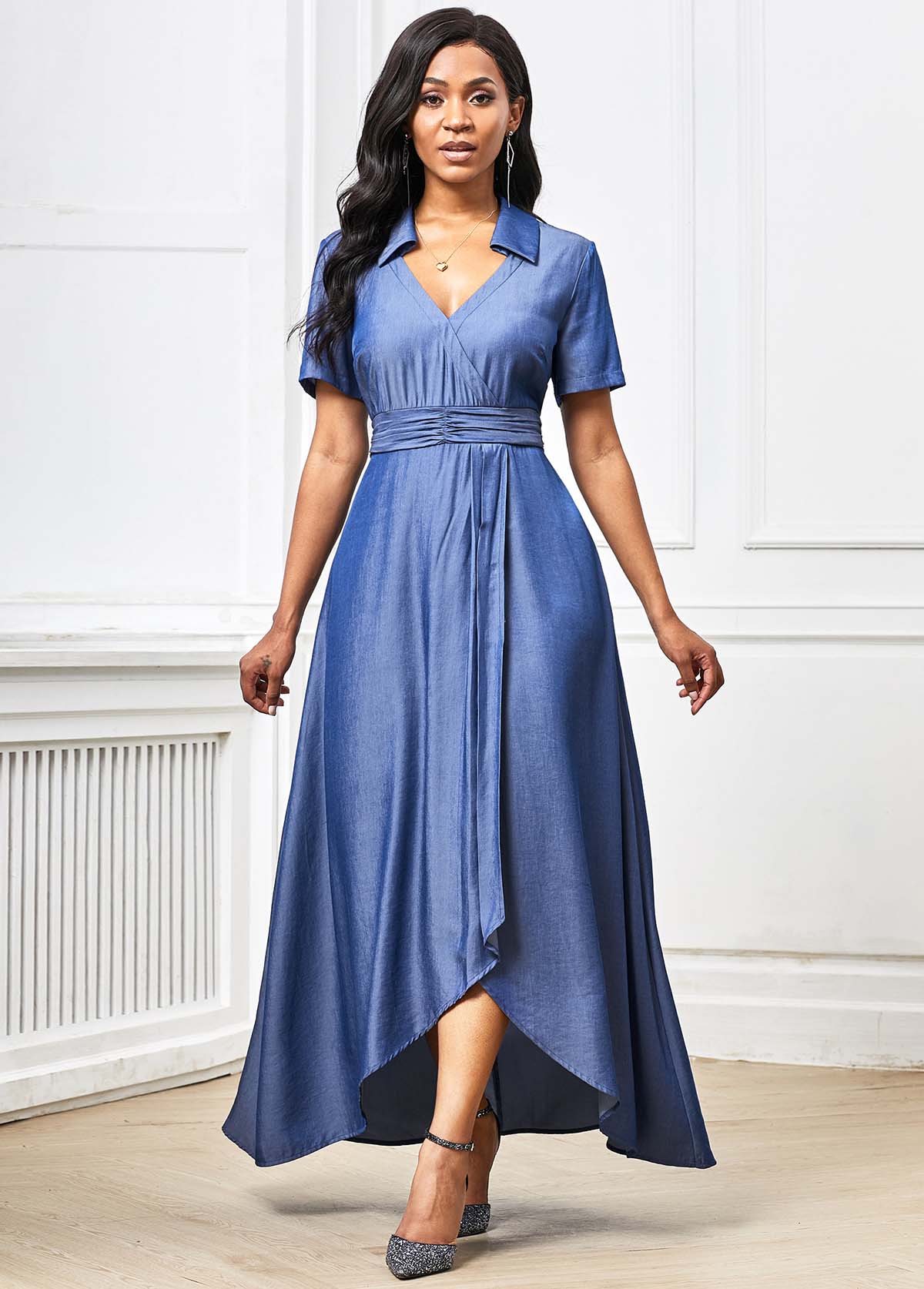plunging neckline maxi dress with sleeves