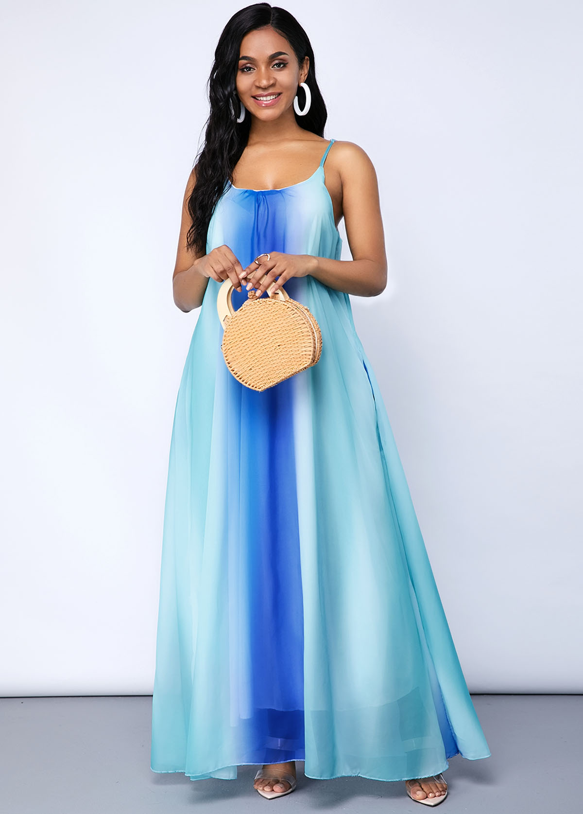 Blue dresses,Tie Dye dresses,Spaghetti Strap Tie Dye Print Pocket Maxi Dress