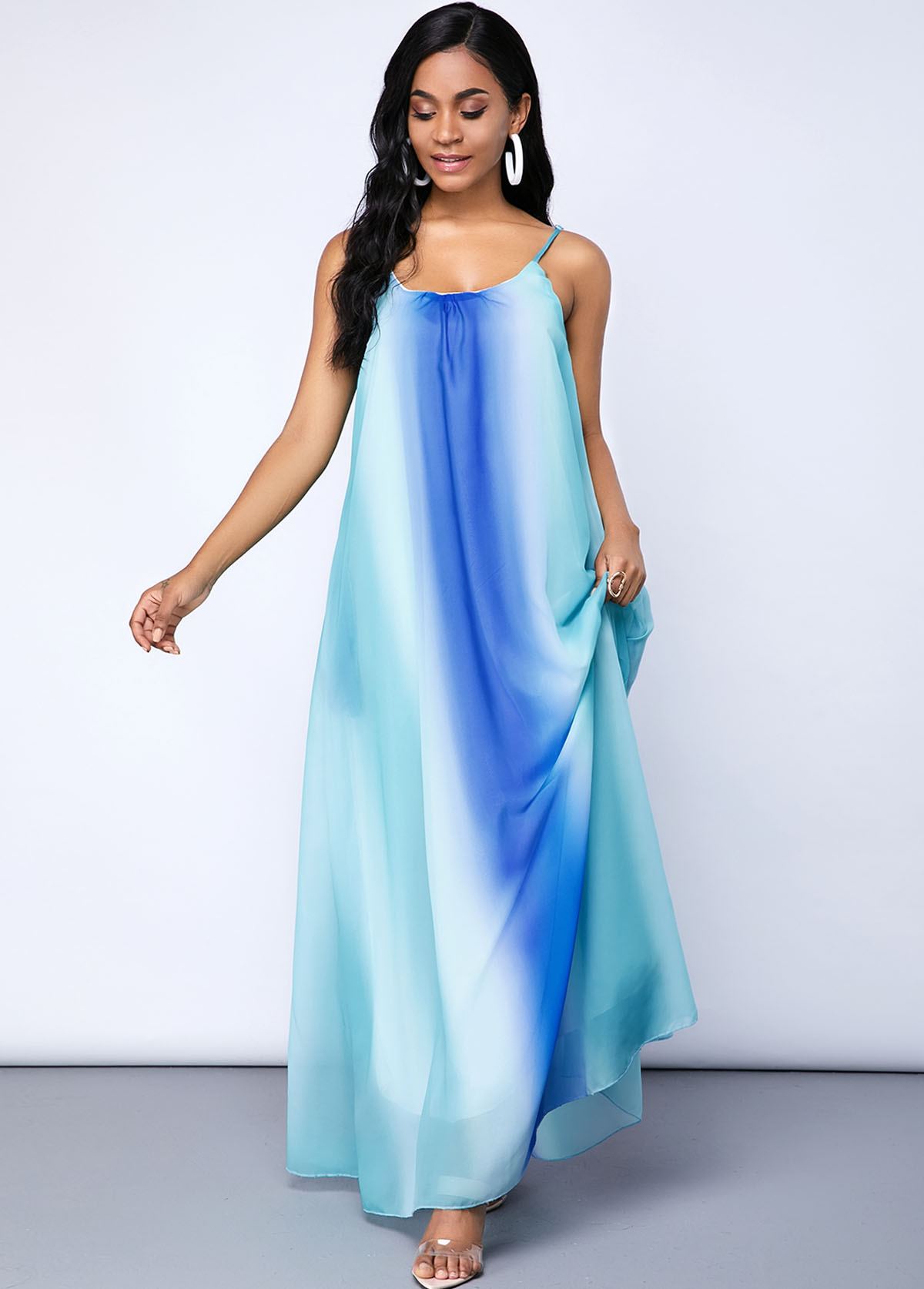 Blue dresses,Tie Dye dresses,Spaghetti Strap Tie Dye Print Pocket Maxi Dress