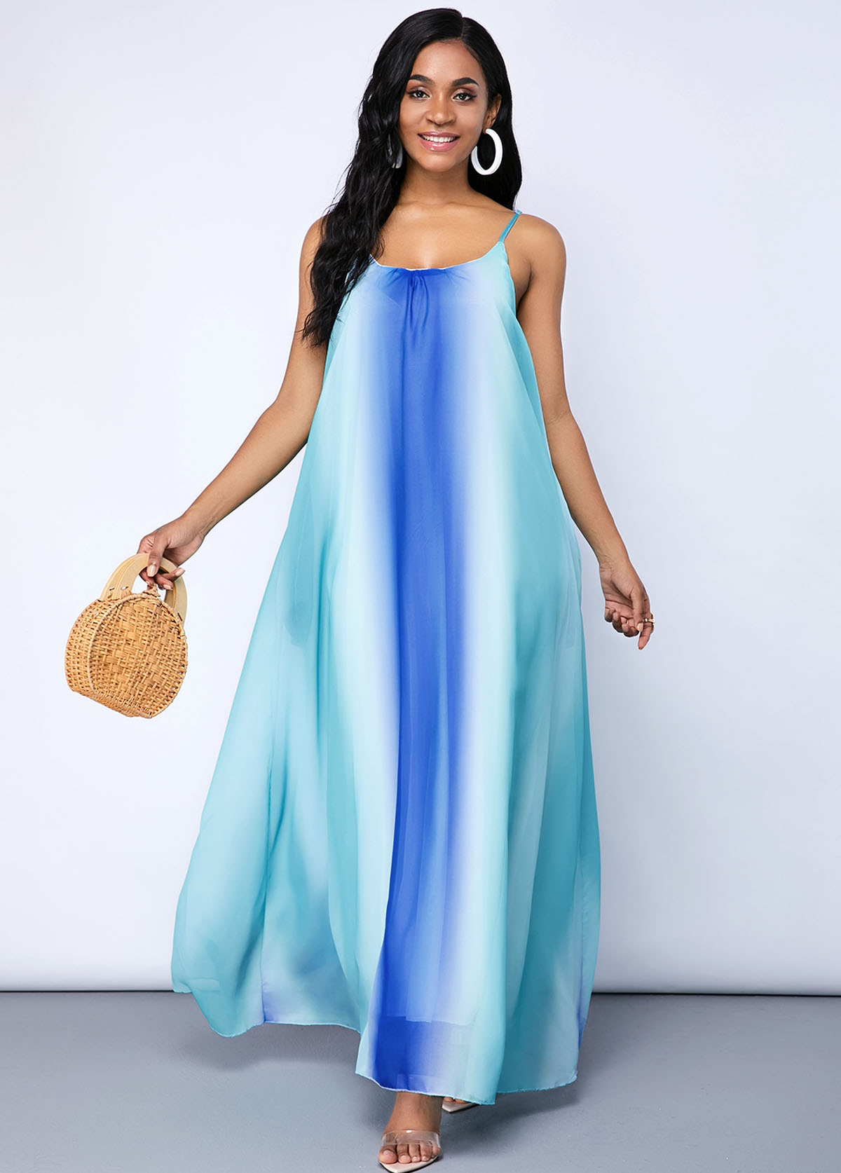 Blue dresses,Tie Dye dresses,Spaghetti Strap Tie Dye Print Pocket Maxi Dress