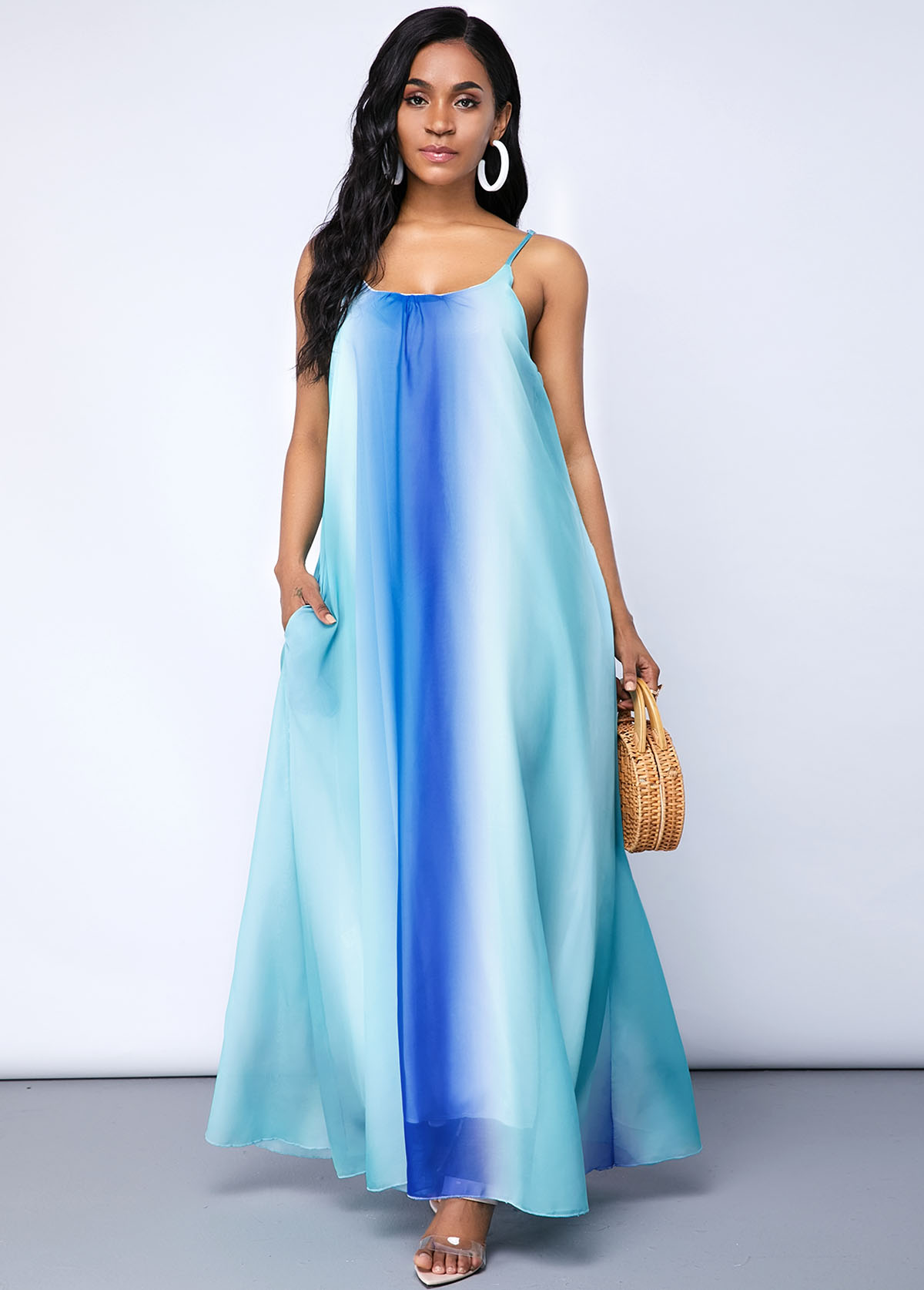 Blue dresses,Tie Dye dresses,Spaghetti Strap Tie Dye Print Pocket Maxi Dress