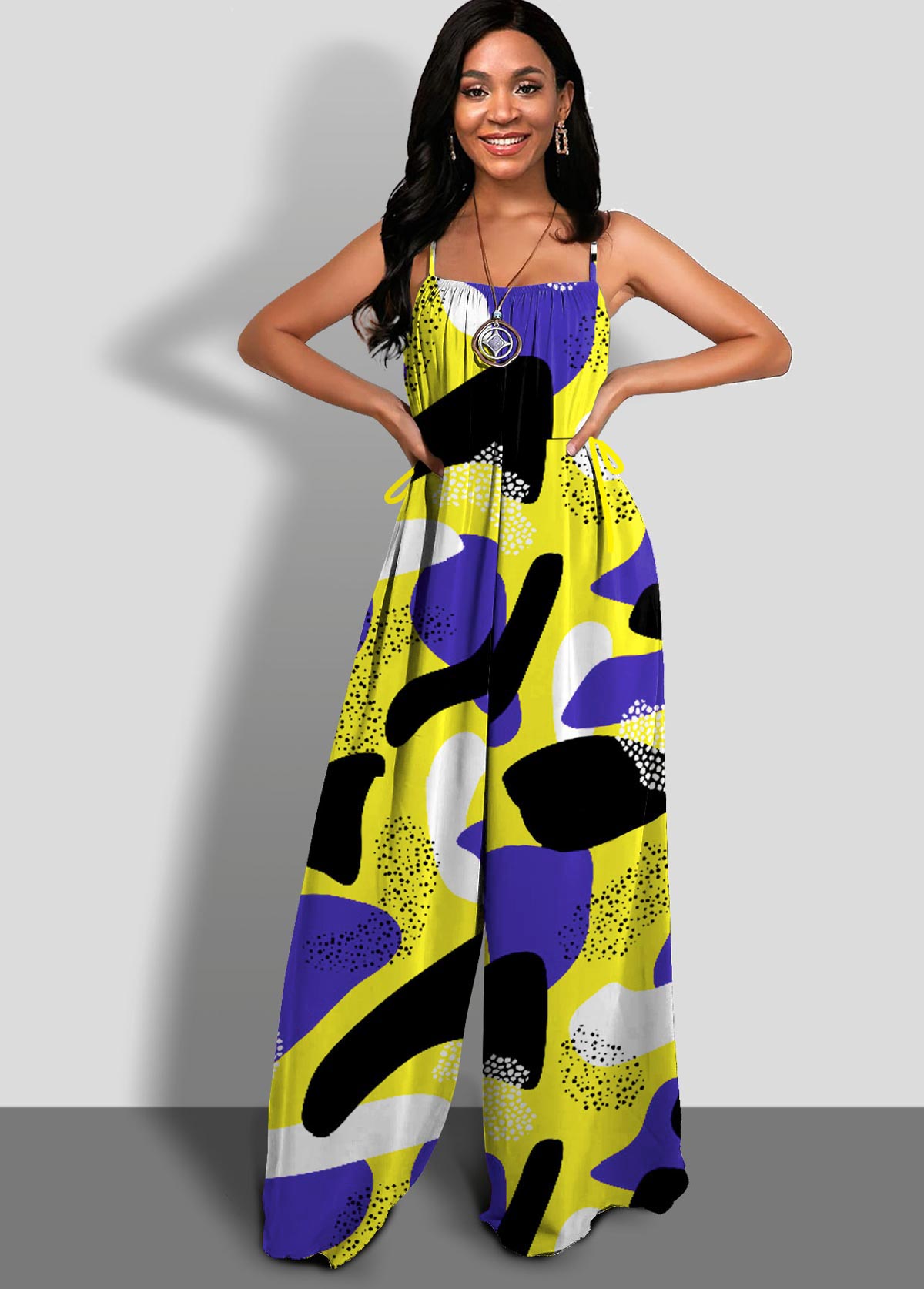 Yellow jumpsuits & rompers,Geometric jumpsuits & rompers,ROTITA Geometric Print Spaghetti Strap Contrast Jumpsuit