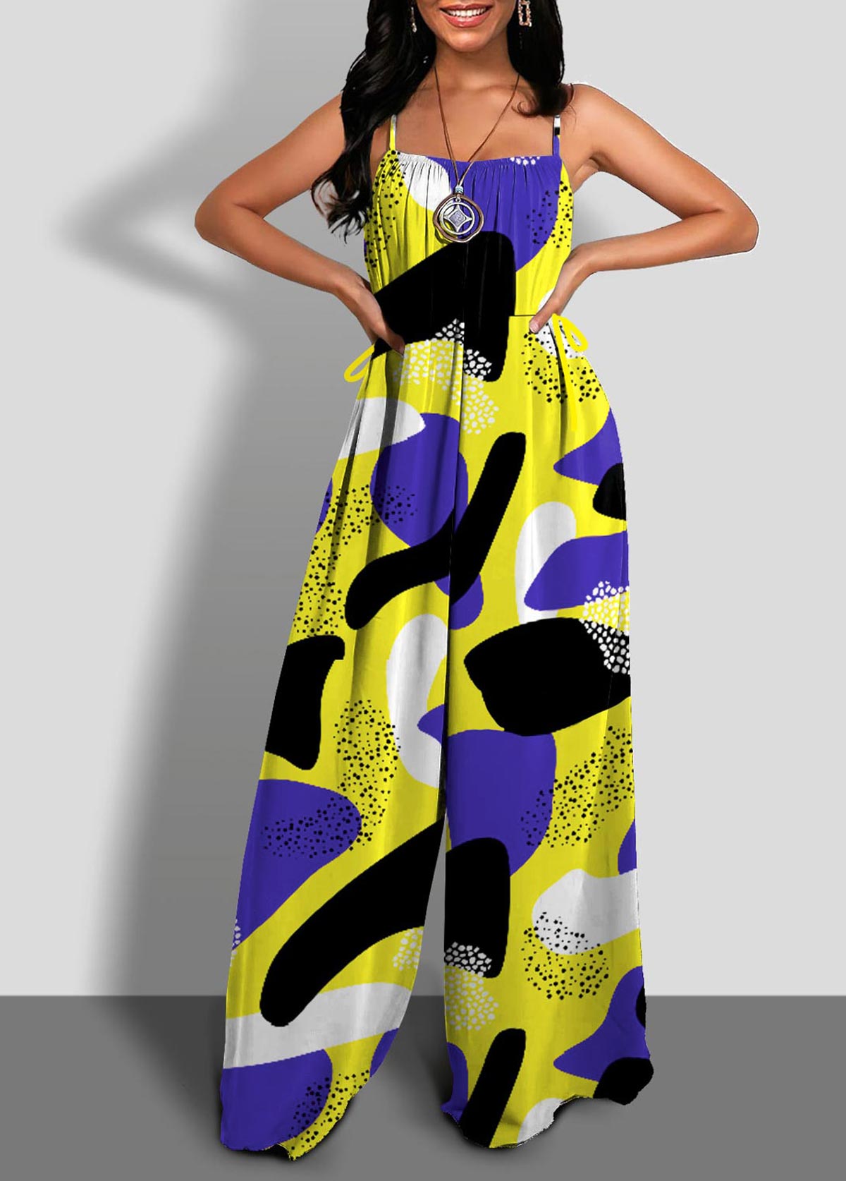 Yellow jumpsuits & rompers,Geometric jumpsuits & rompers,ROTITA Geometric Print Spaghetti Strap Contrast Jumpsuit