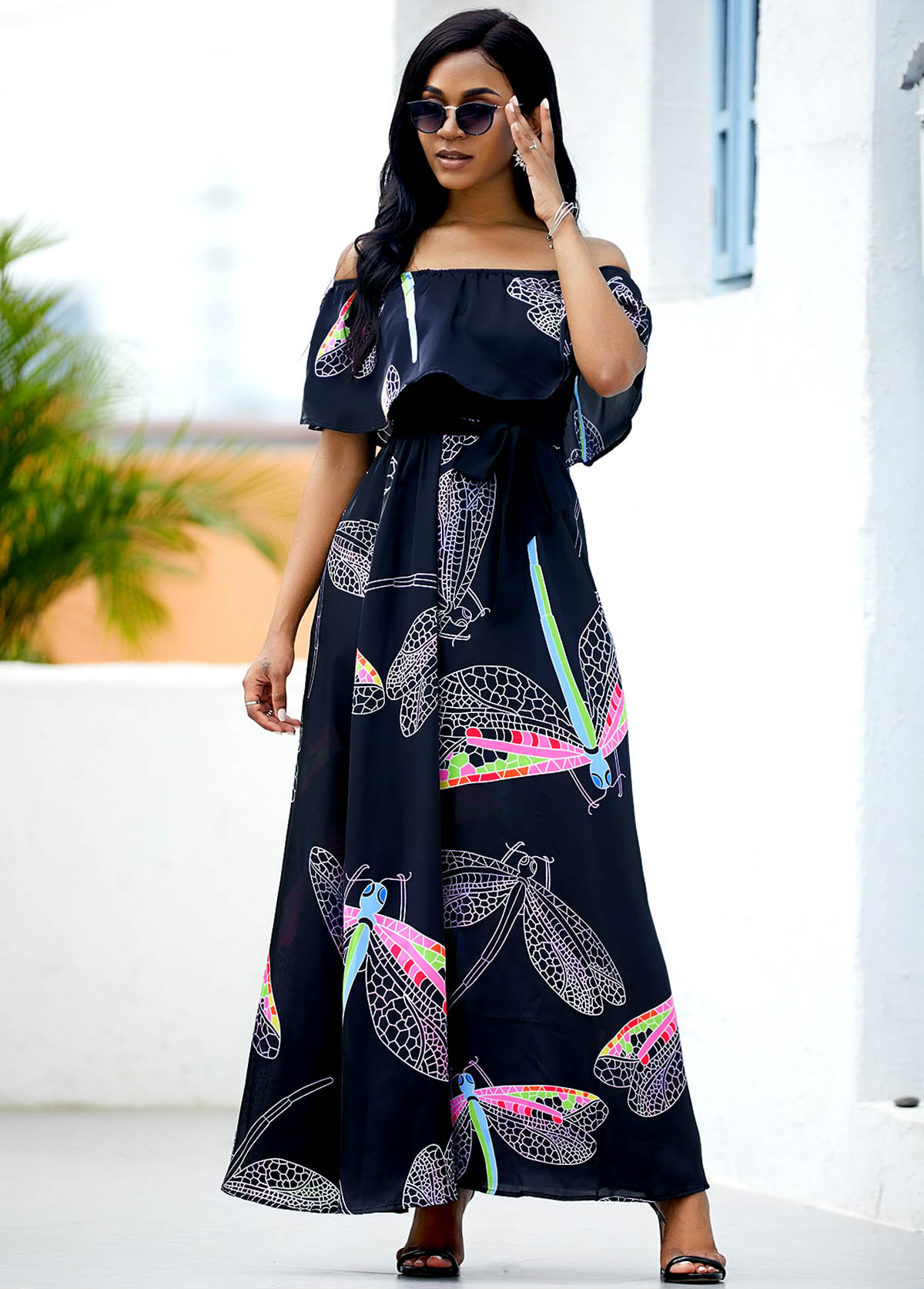 Black dresses,Animal Print dresses,Everyday dresses,Casual dresses,ROTITA Off the Shoulder Dragonfly Print Belted Maxi Dress