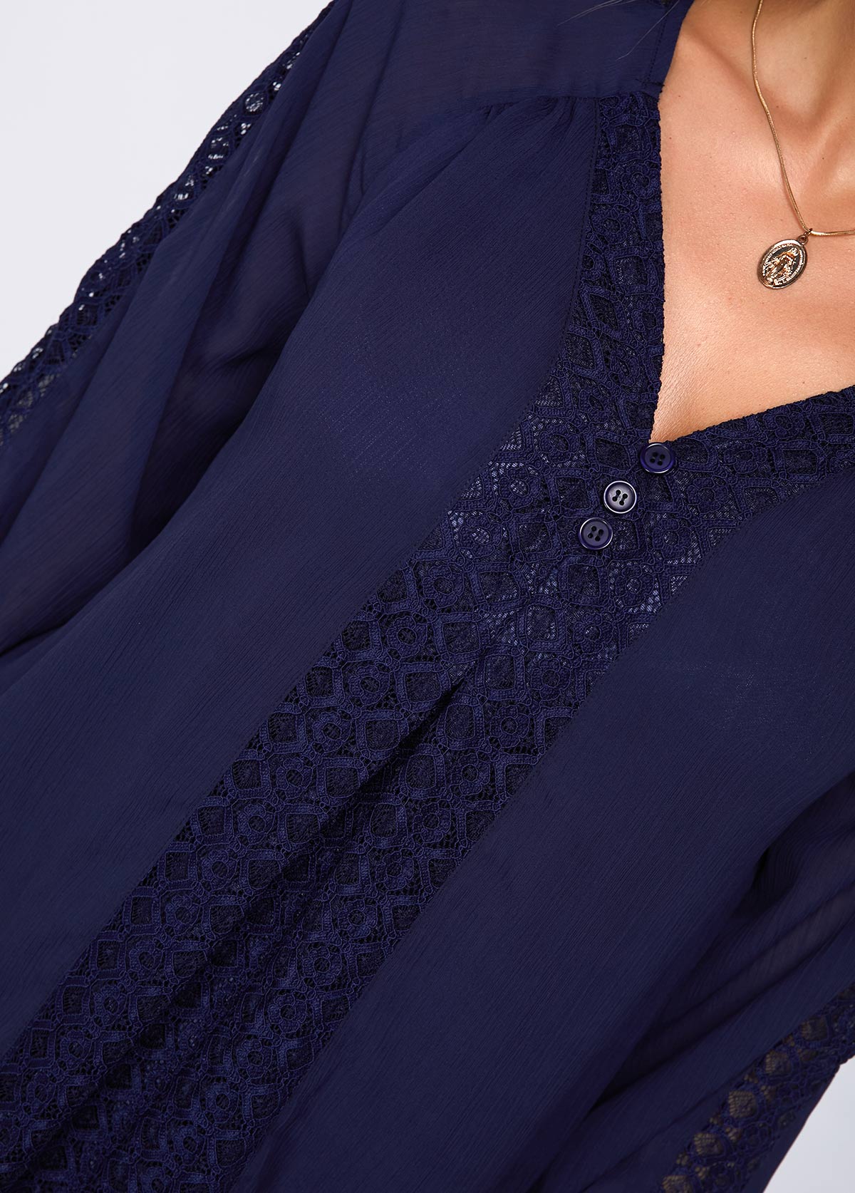 Navy tops,Plain Color tops,ROTITA V Neck Three Quarter Sleeve Lace Panel Blouse