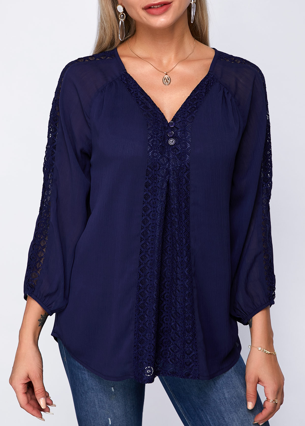 Navy tops,Plain Color tops,ROTITA V Neck Three Quarter Sleeve Lace Panel Blouse