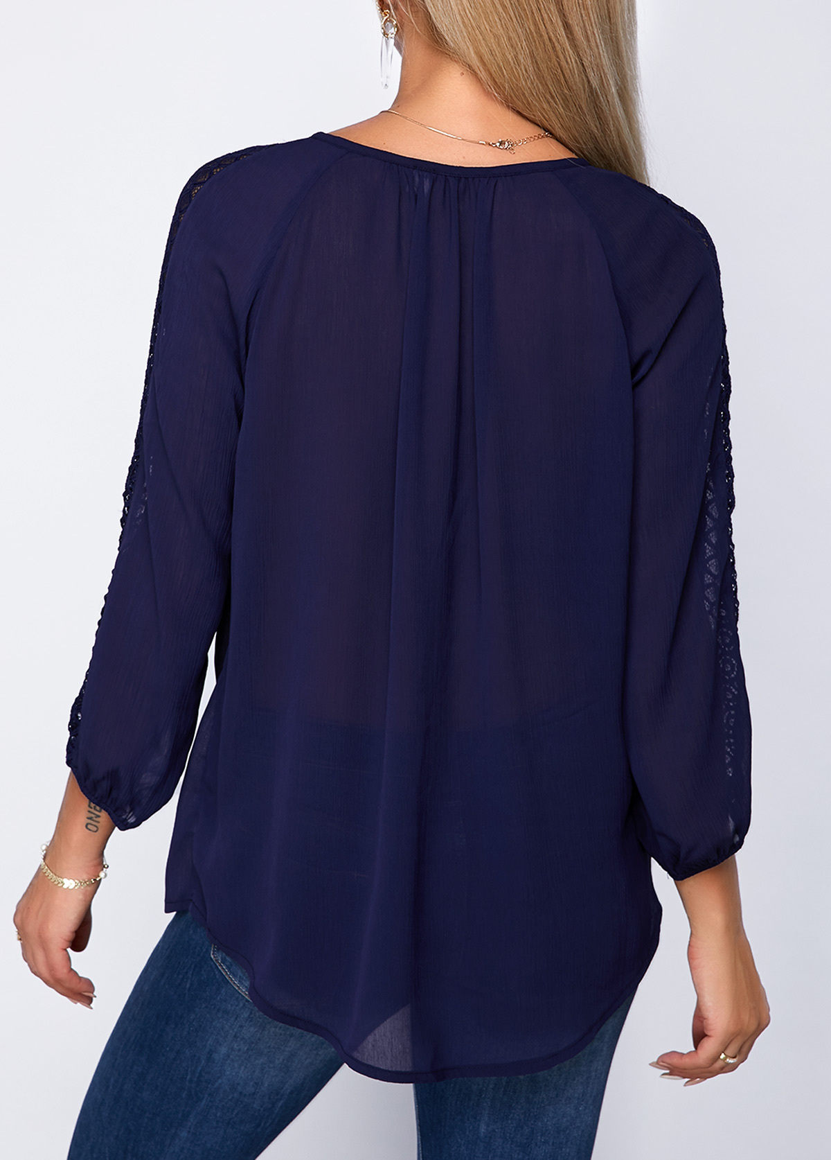 Navy tops,Plain Color tops,ROTITA V Neck Three Quarter Sleeve Lace Panel Blouse