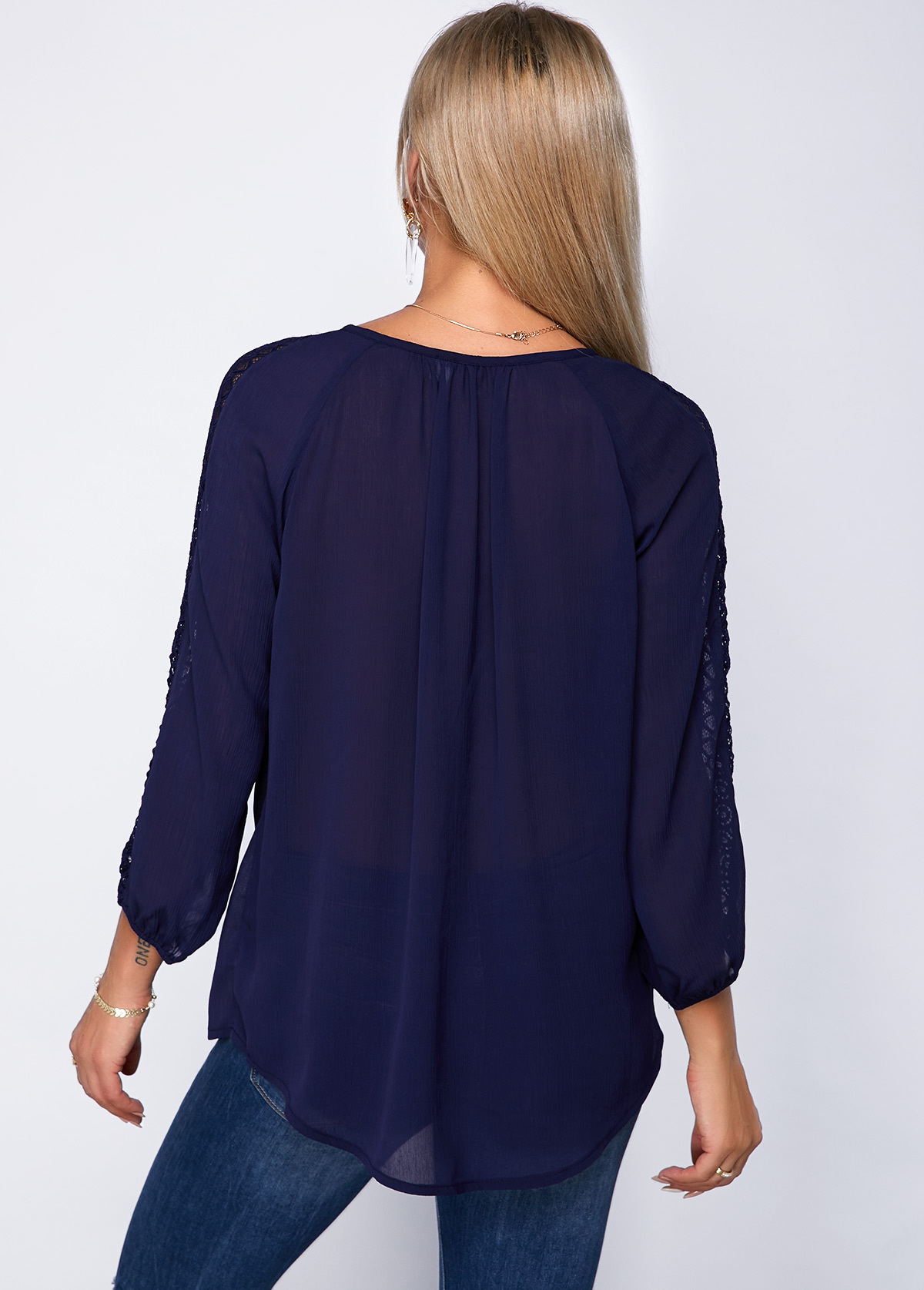Navy tops,Plain Color tops,ROTITA V Neck Three Quarter Sleeve Lace Panel Blouse