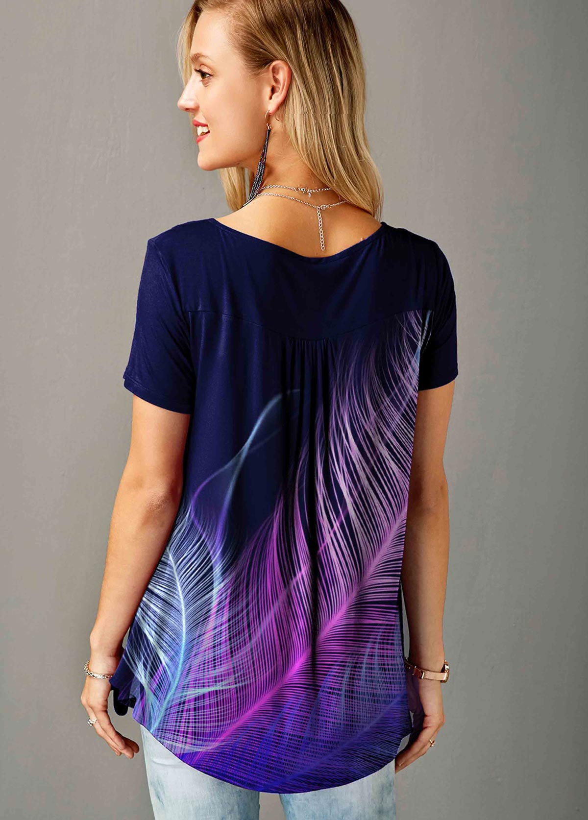 Purple tops,Floral tops,ROTITA Feather Print Short Sleeve Split Neck T Shirt