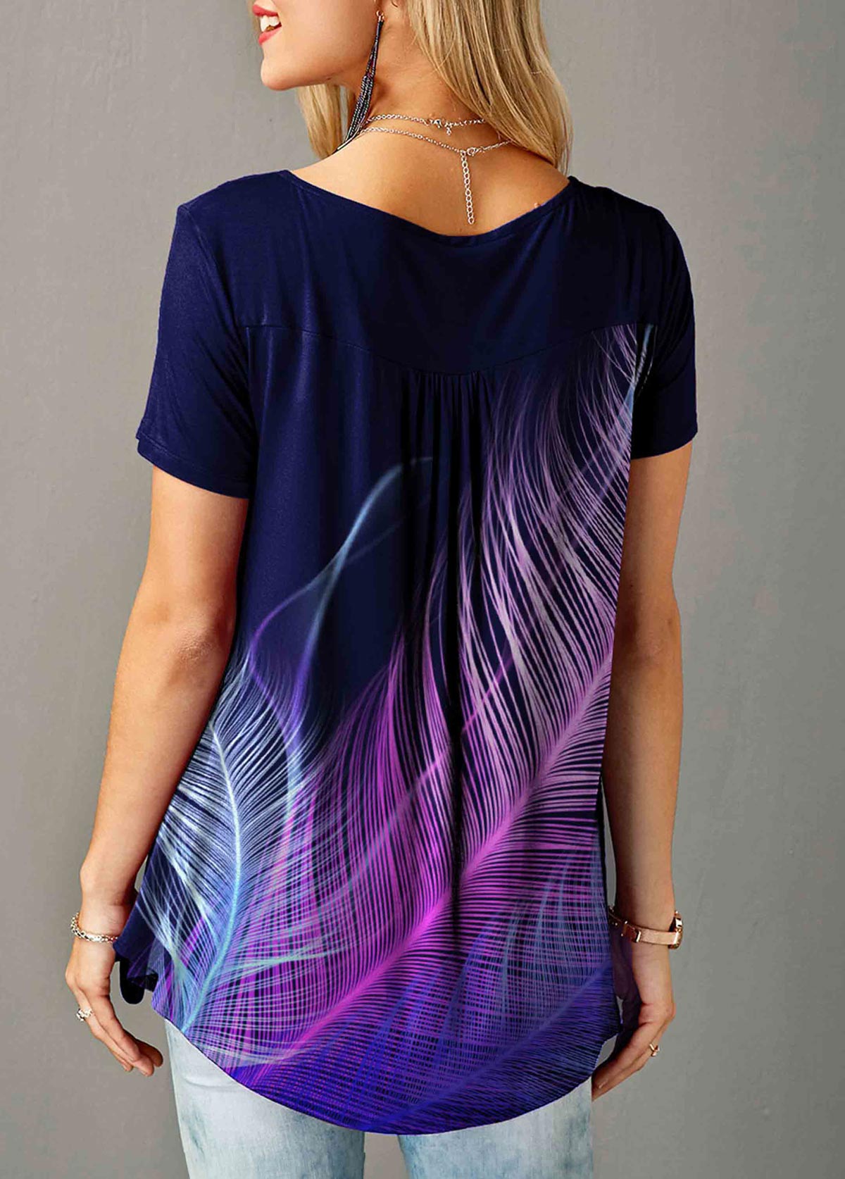 Purple tops,Floral tops,ROTITA Feather Print Short Sleeve Split Neck T Shirt