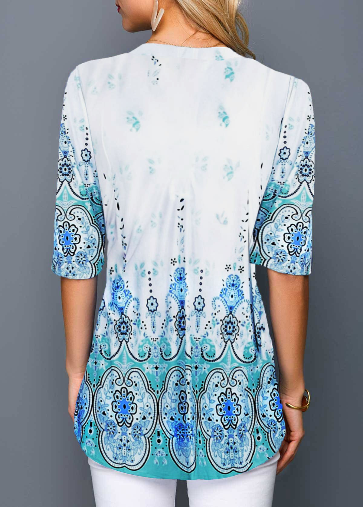 Blue tops,Floral tops,ROTITA Split Neck Tribal Print Half Sleeve Blouse