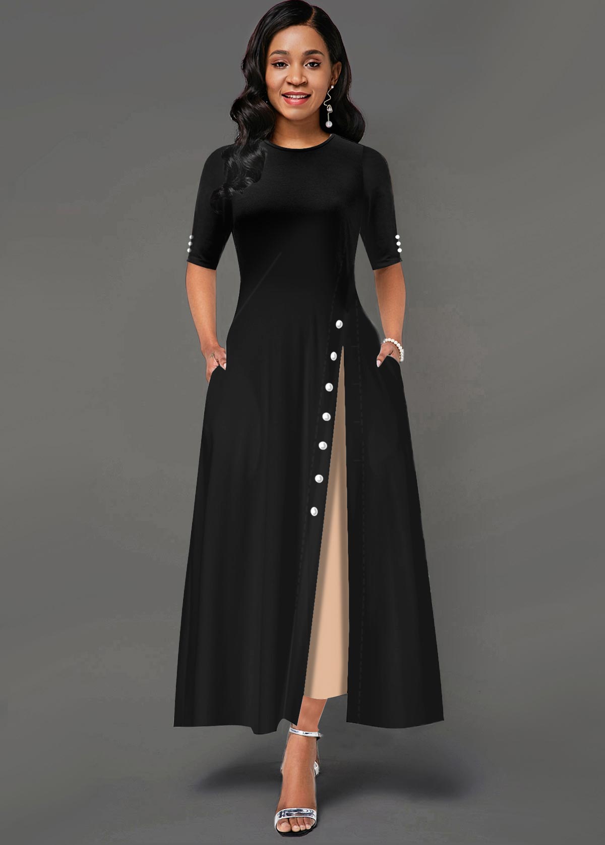 Black dresses,Contrast Color dresses,ROTITA Contrast Side Pocket Inclined Button Maxi Dress