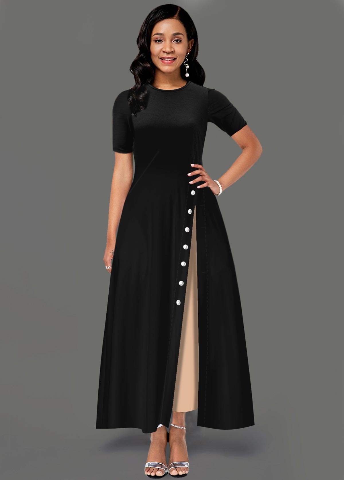 Black dresses,Contrast Color dresses,ROTITA Contrast Side Pocket Inclined Button Maxi Dress