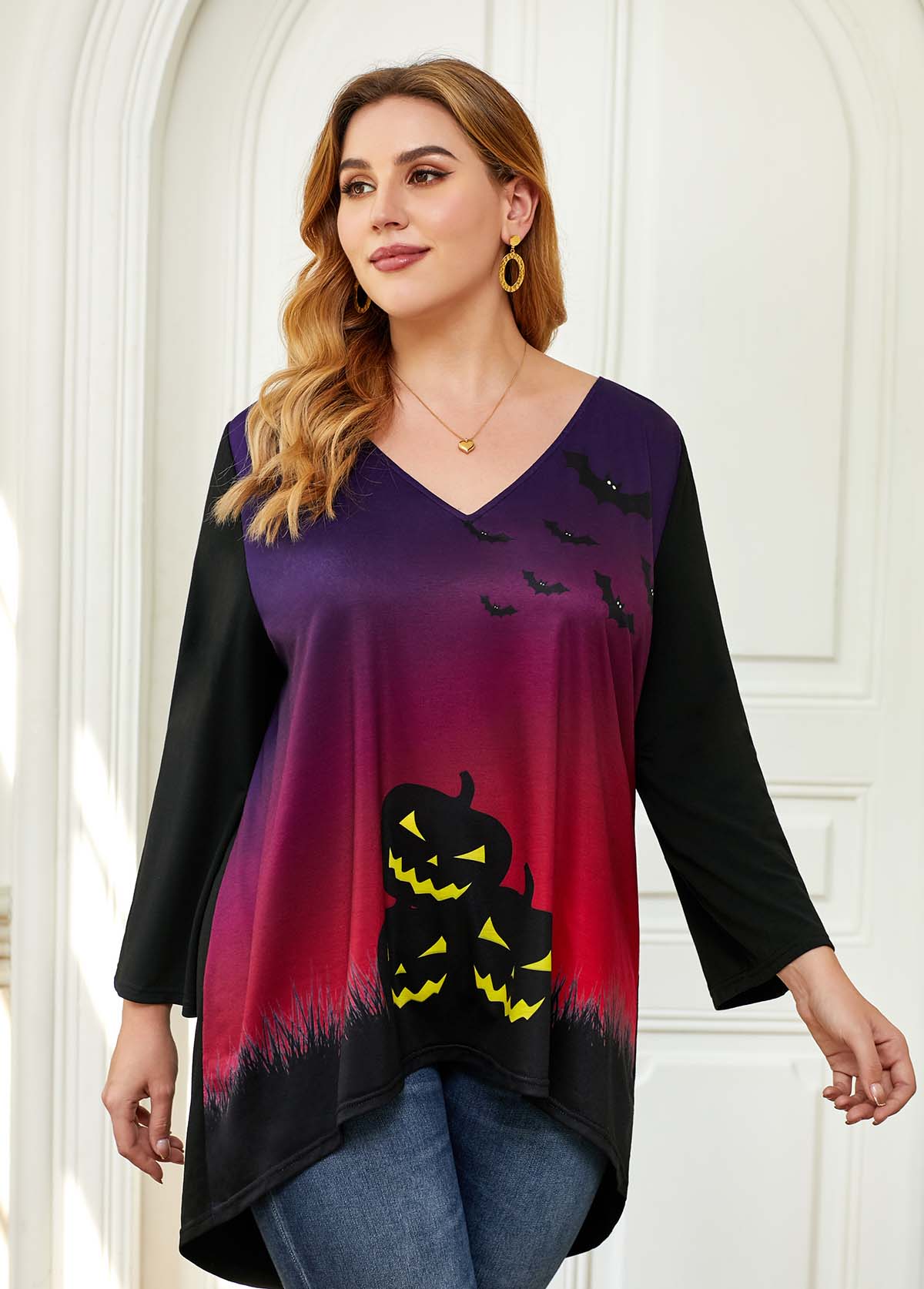 ROTITA Plus Size Dip Hem Halloween Print T Shirt