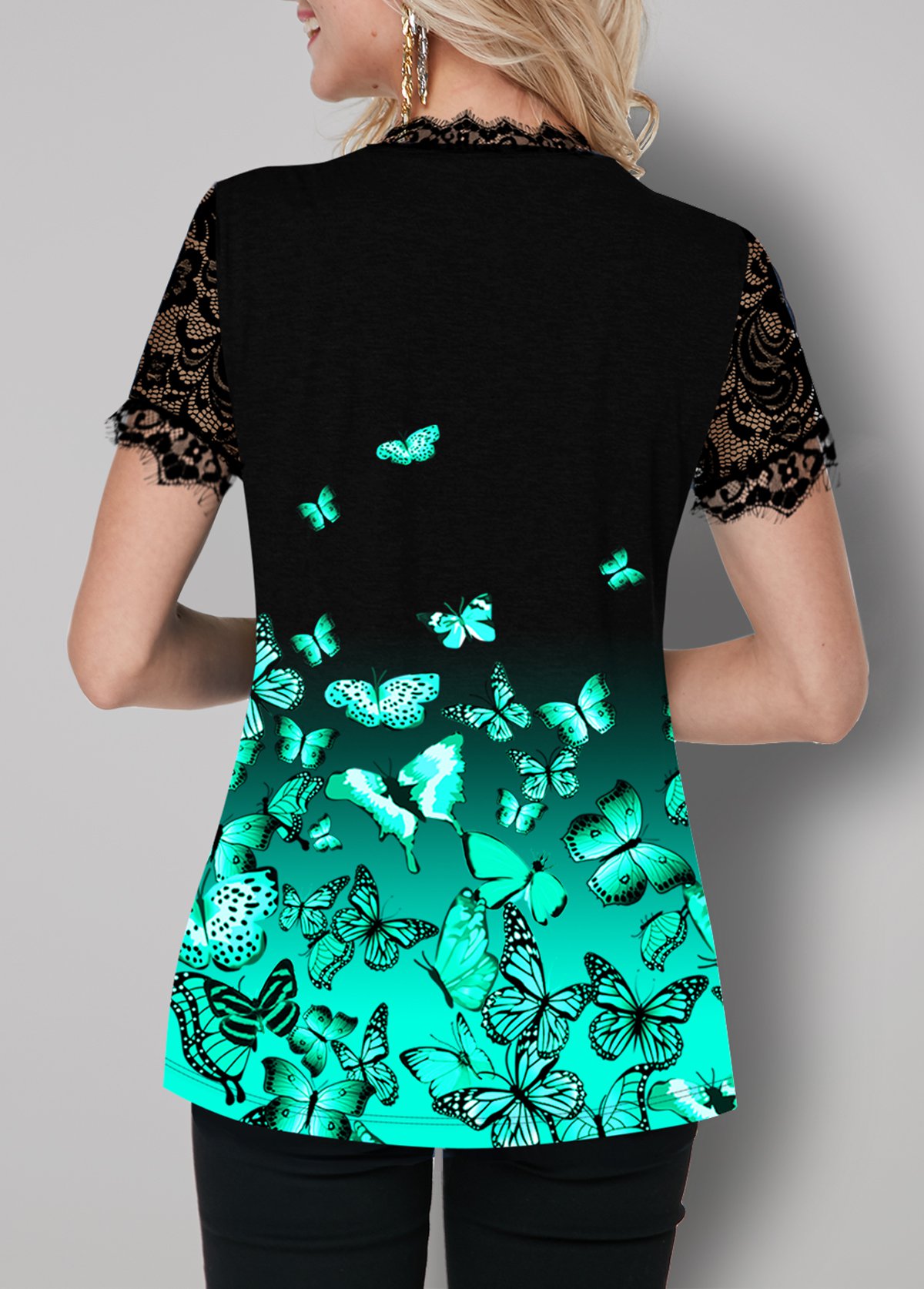 Cyan tops,Animal Print tops,ROTITA Ombre Lace Panel Butterfly Print T Shirt