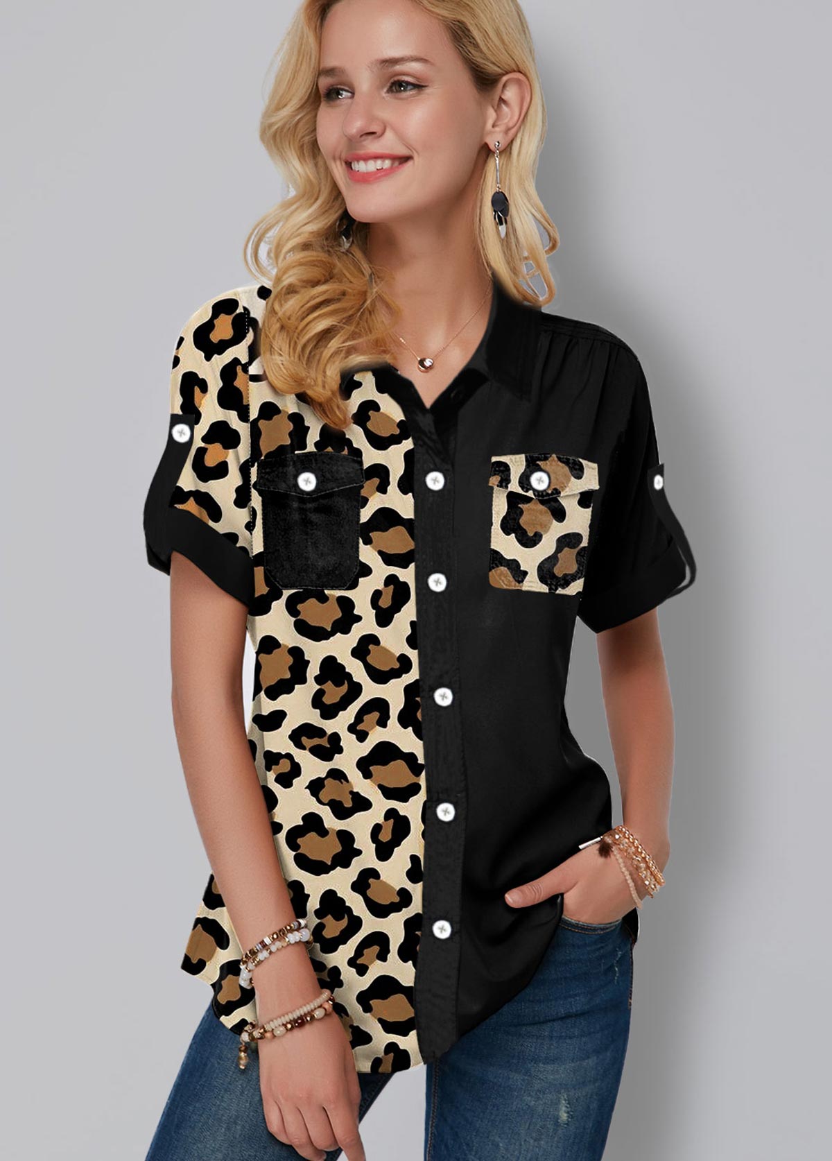 Black tops,Leopard tops,ROTITA Leopard Print Chest Pocket Button Up Blouse