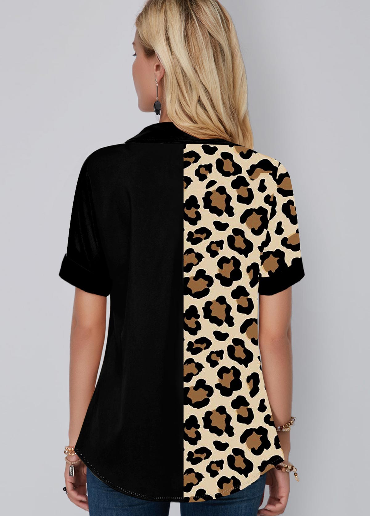 Black tops,Leopard tops,ROTITA Leopard Print Chest Pocket Button Up Blouse