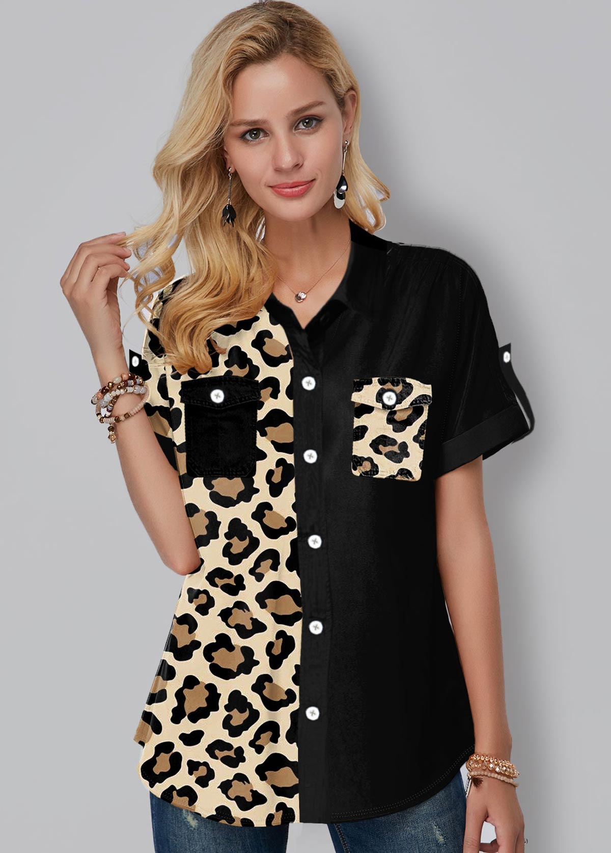Black tops,Leopard tops,ROTITA Leopard Print Chest Pocket Button Up Blouse