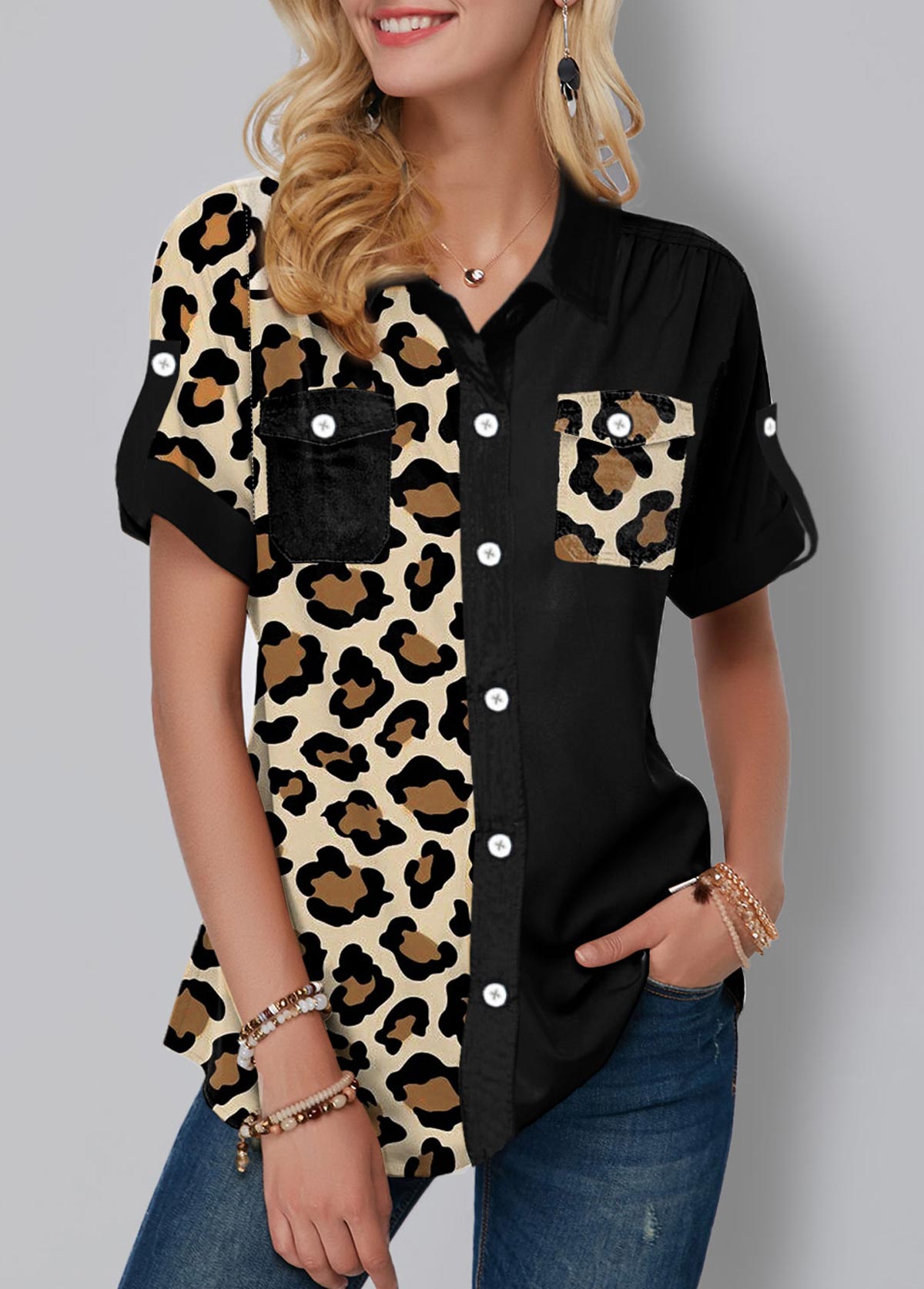 Black tops,Leopard tops,ROTITA Leopard Print Chest Pocket Button Up Blouse