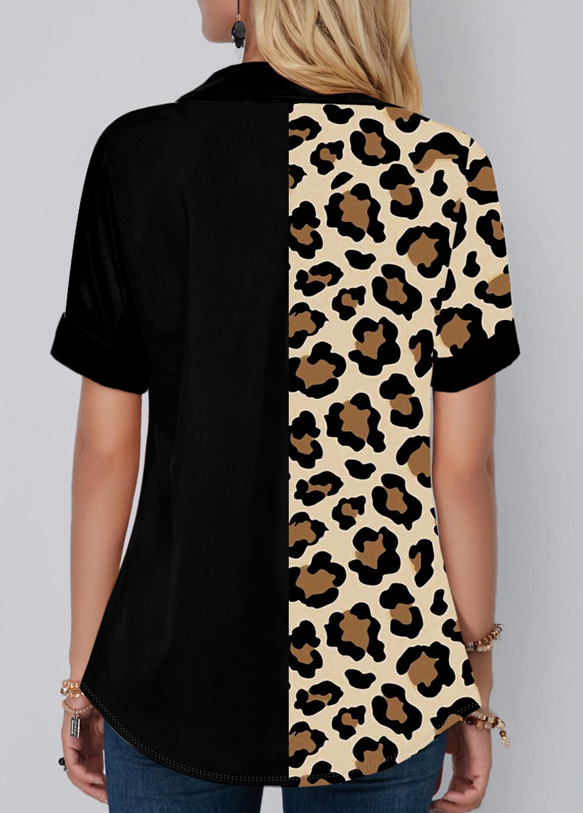 Black tops,Leopard tops,ROTITA Leopard Print Chest Pocket Button Up Blouse
