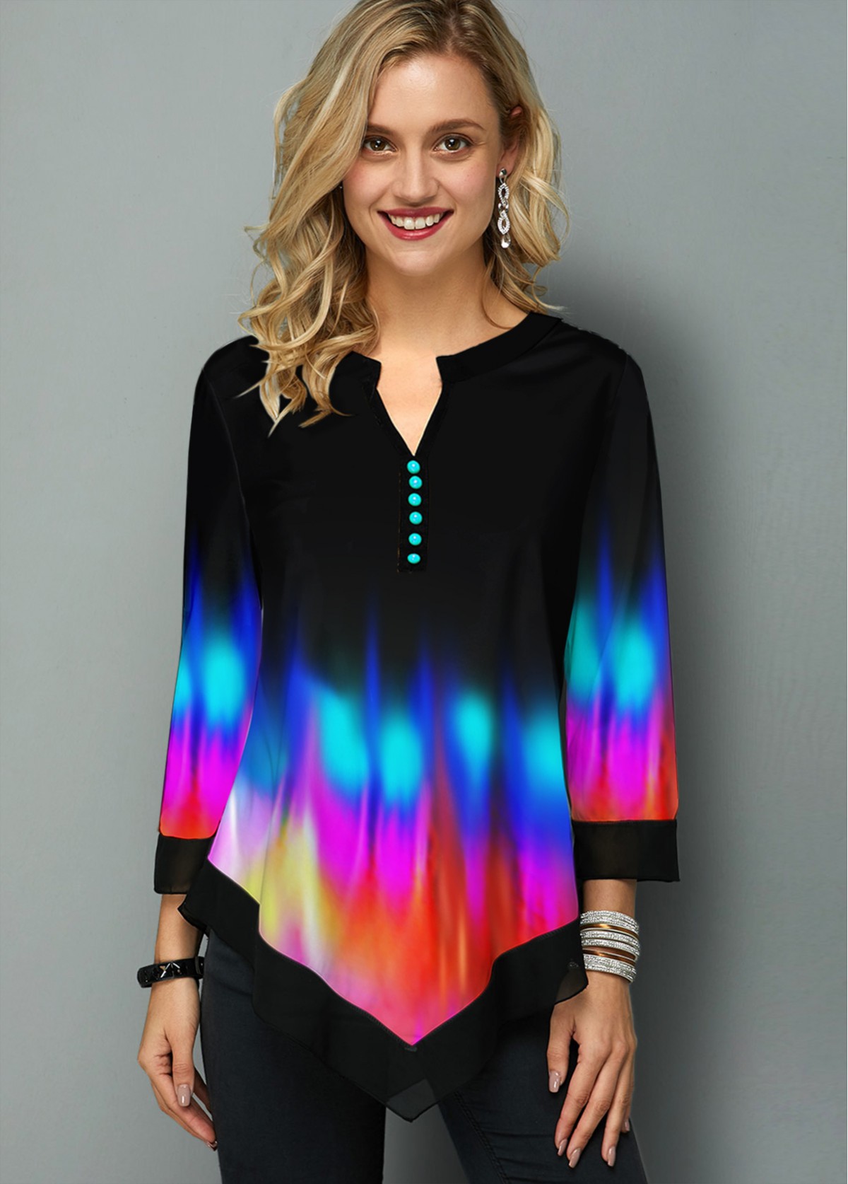 ROTITA Patchwork Ombre Black Split Neck 3/4 Sleeve T Shirt