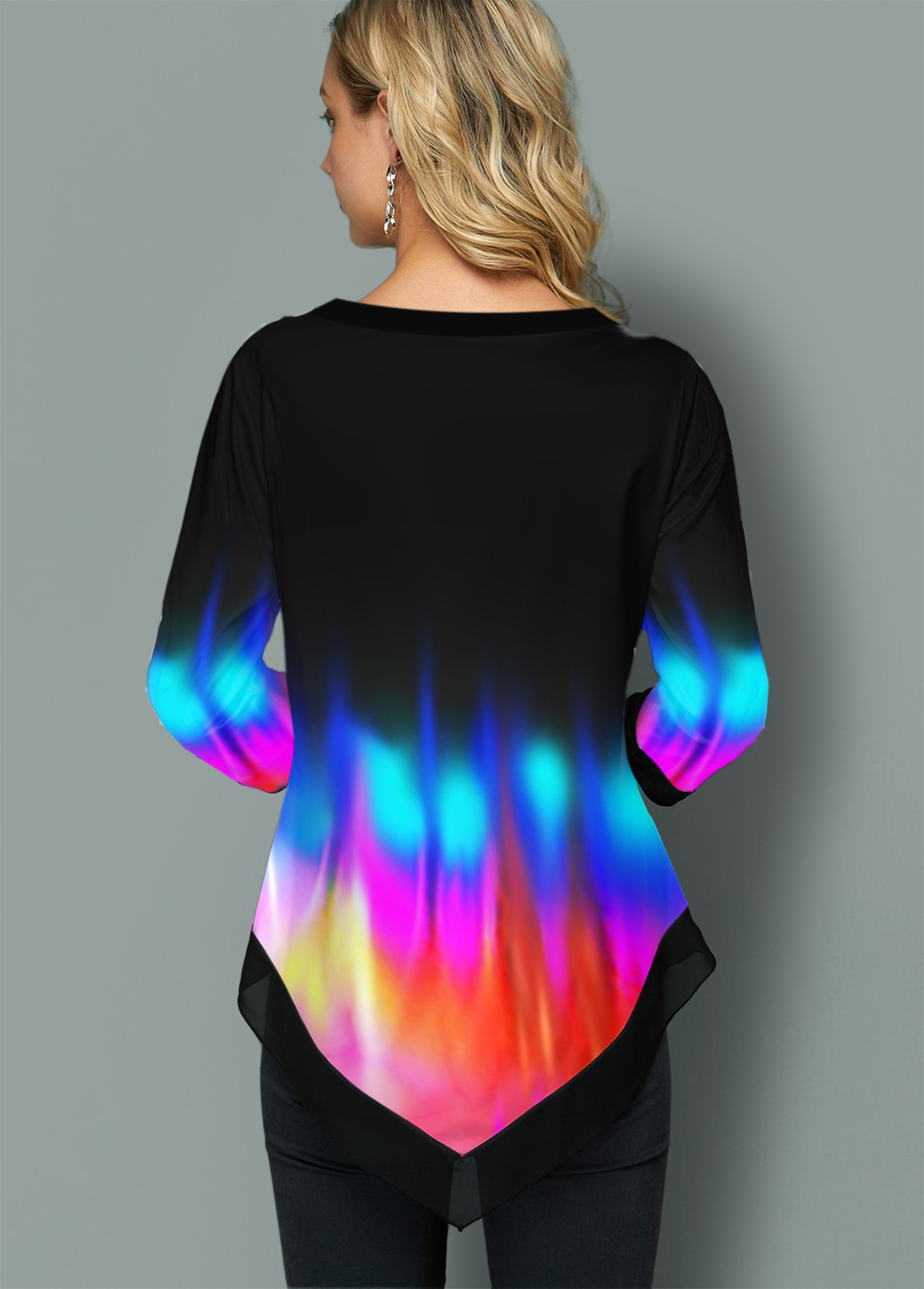 Black tops,Floral tops,ROTITA Rainbow Color Printed Asymmetric Hem T Shirt