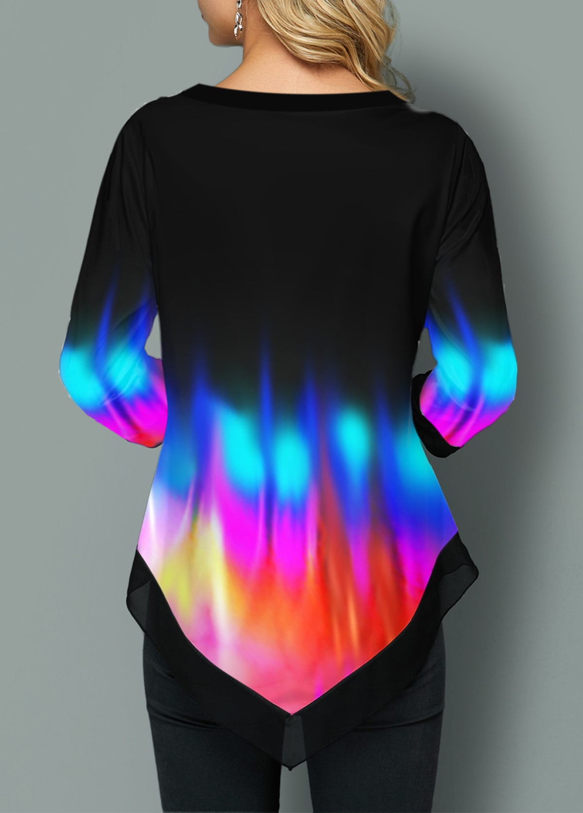 Black tops,Floral tops,ROTITA Rainbow Color Printed Asymmetric Hem T Shirt