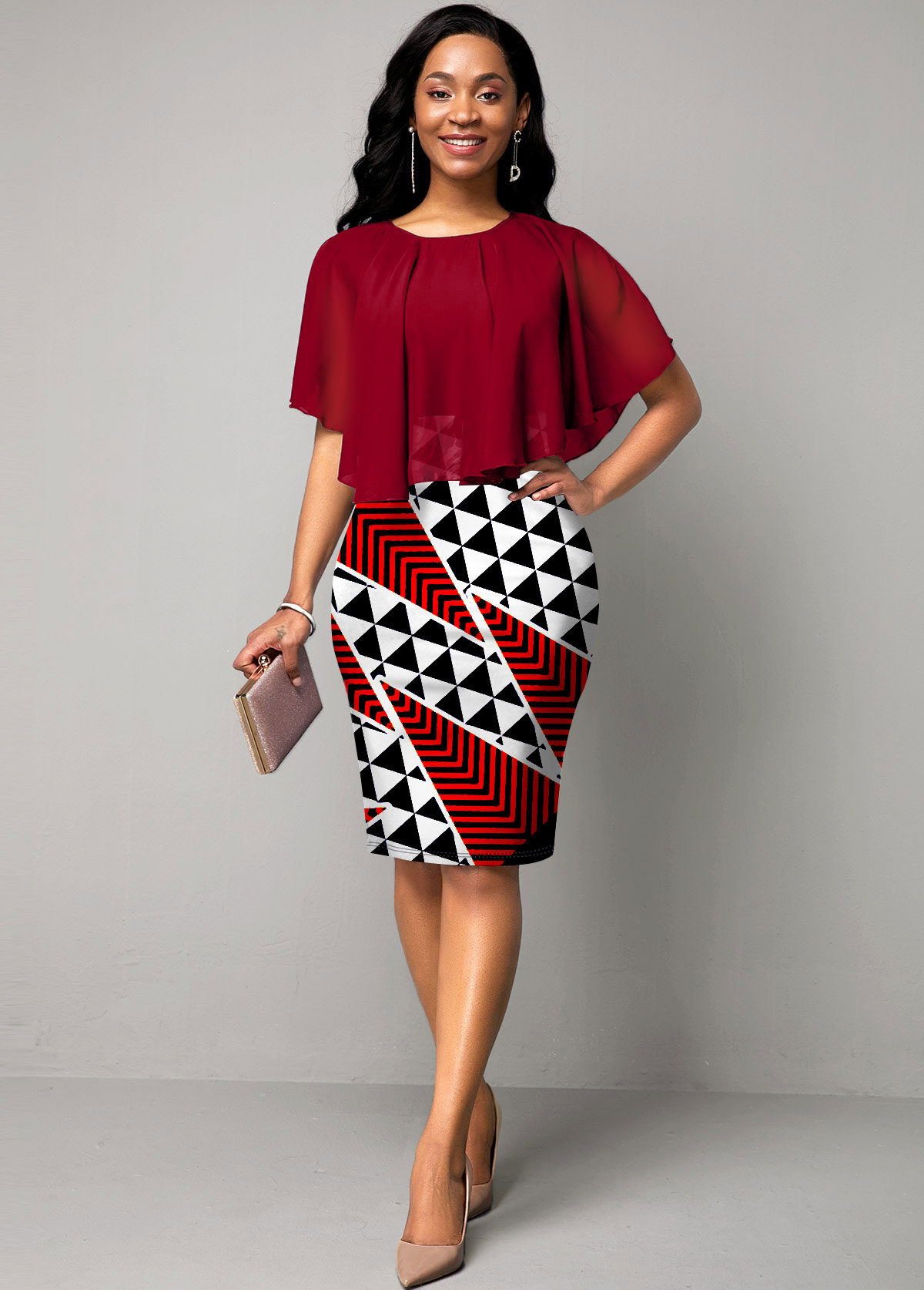 ROTITA Chiffon Overlay Round Neck Geometric Print Dress