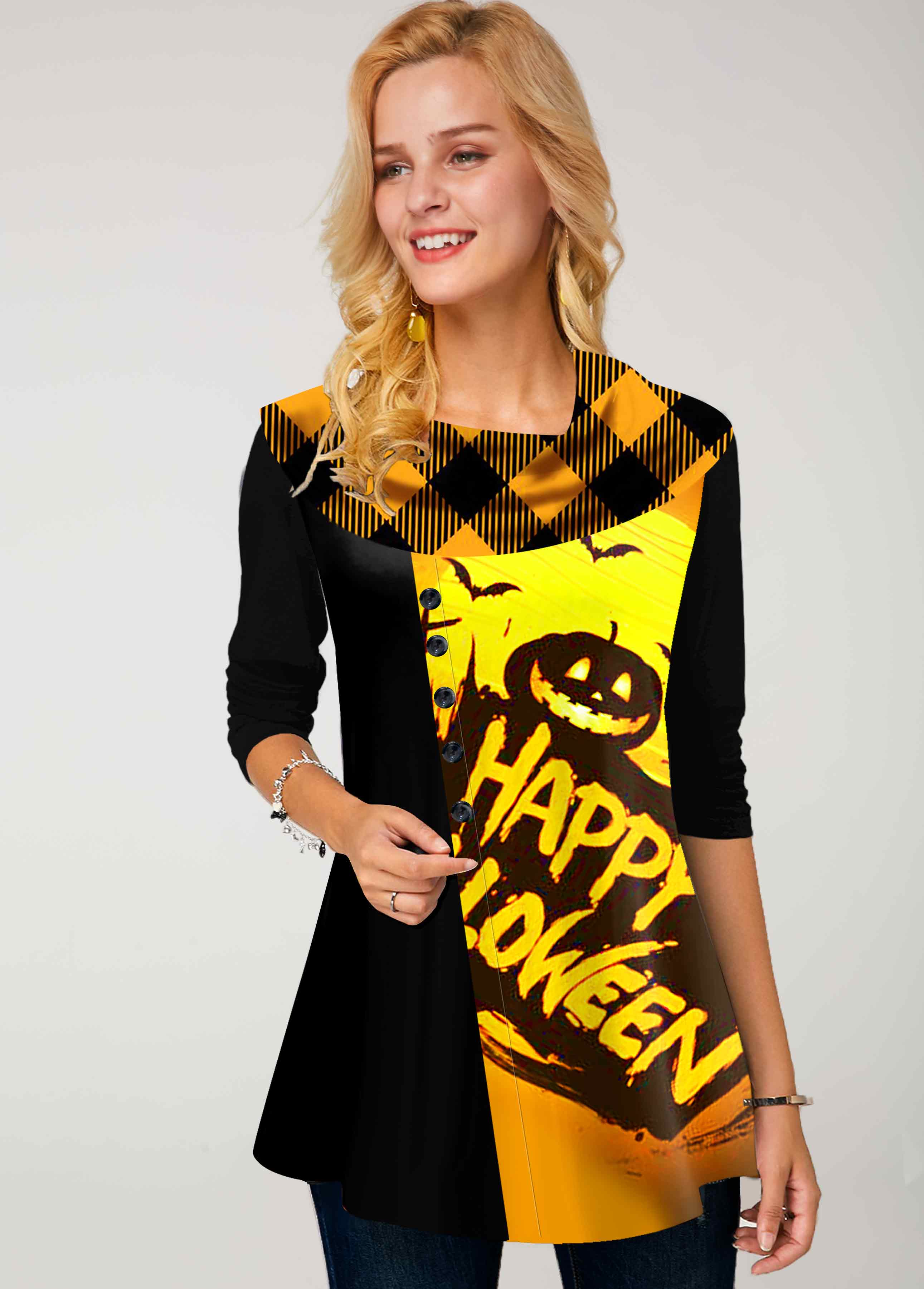 ROTITA Decorative Button Halloween Print Yellow Cowl Neck Sweatshirt