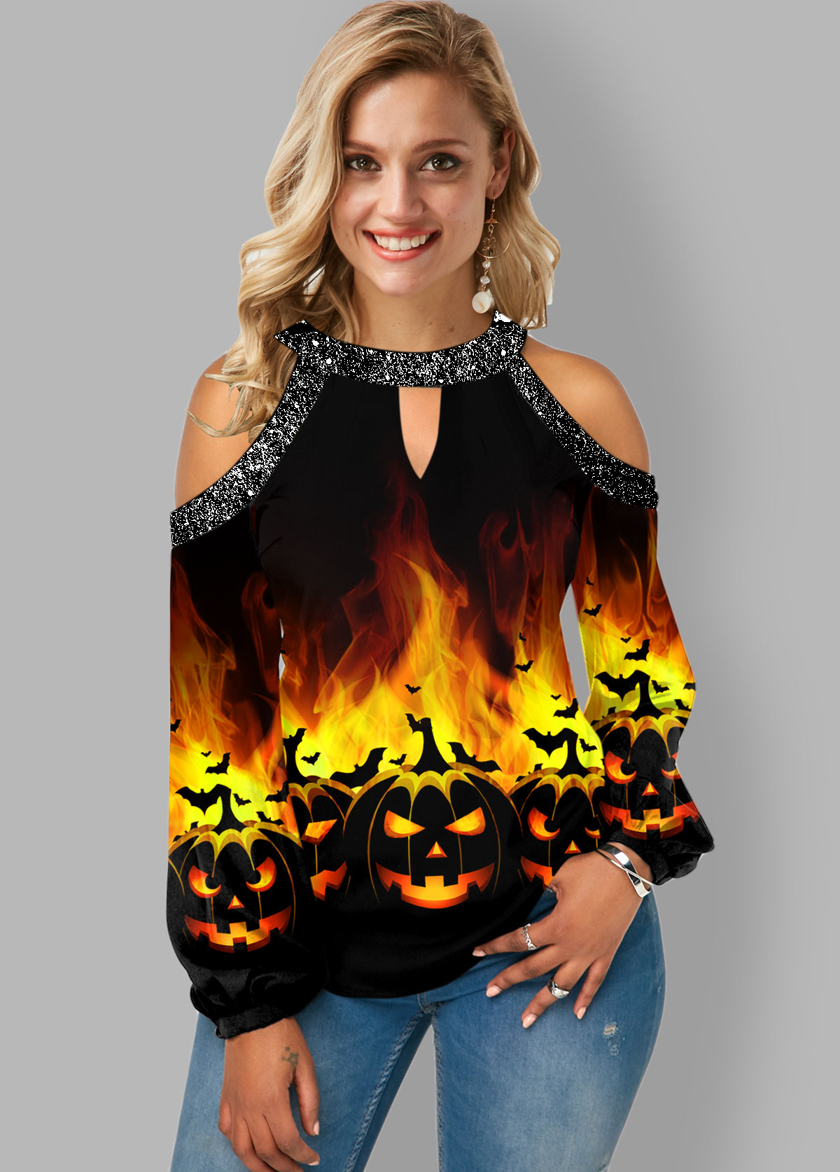 ROTITA Halloween Print Keyhole Neckline Cold Shoulder T Shirt